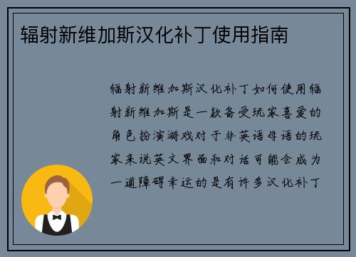 辐射新维加斯汉化补丁使用指南