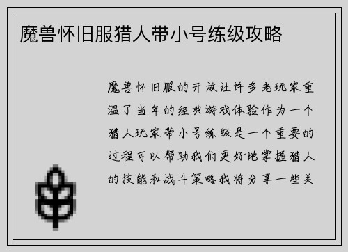 魔兽怀旧服猎人带小号练级攻略